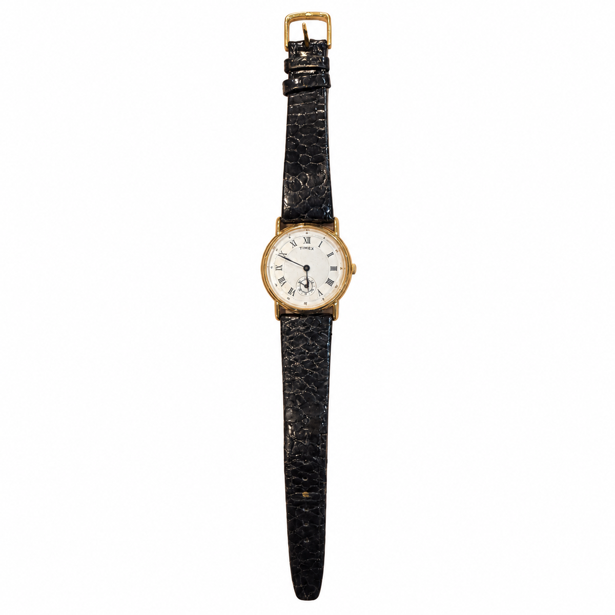 Vintage Timex Gold-Tone Roman Numeral Watch with Black Textured Strap