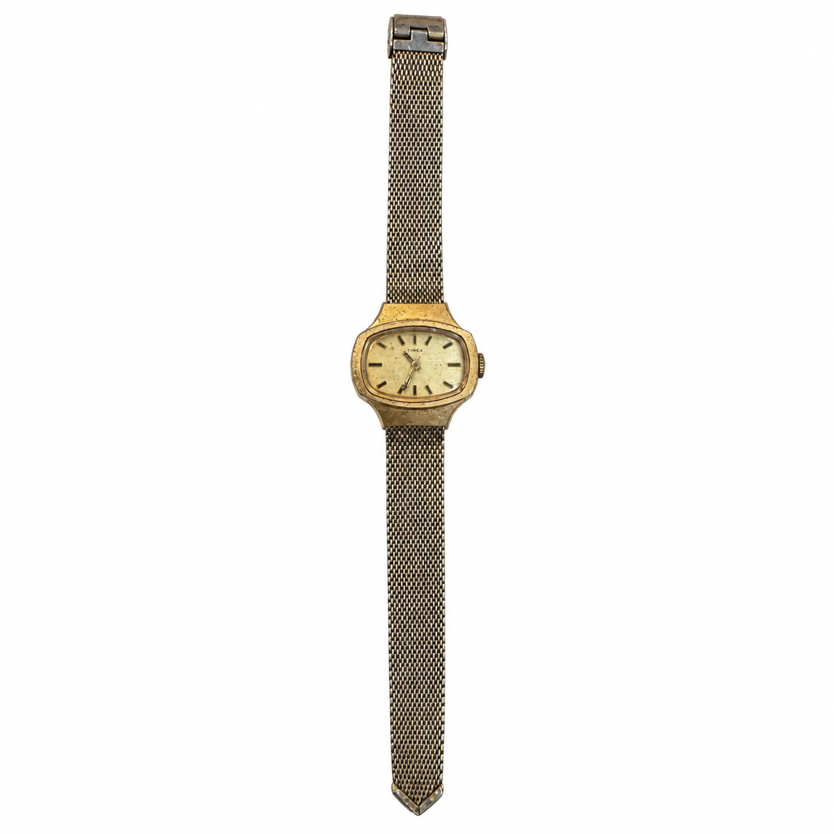 Vintage Timex Gold-Tone Rectangular Watch with Mesh Bracelet