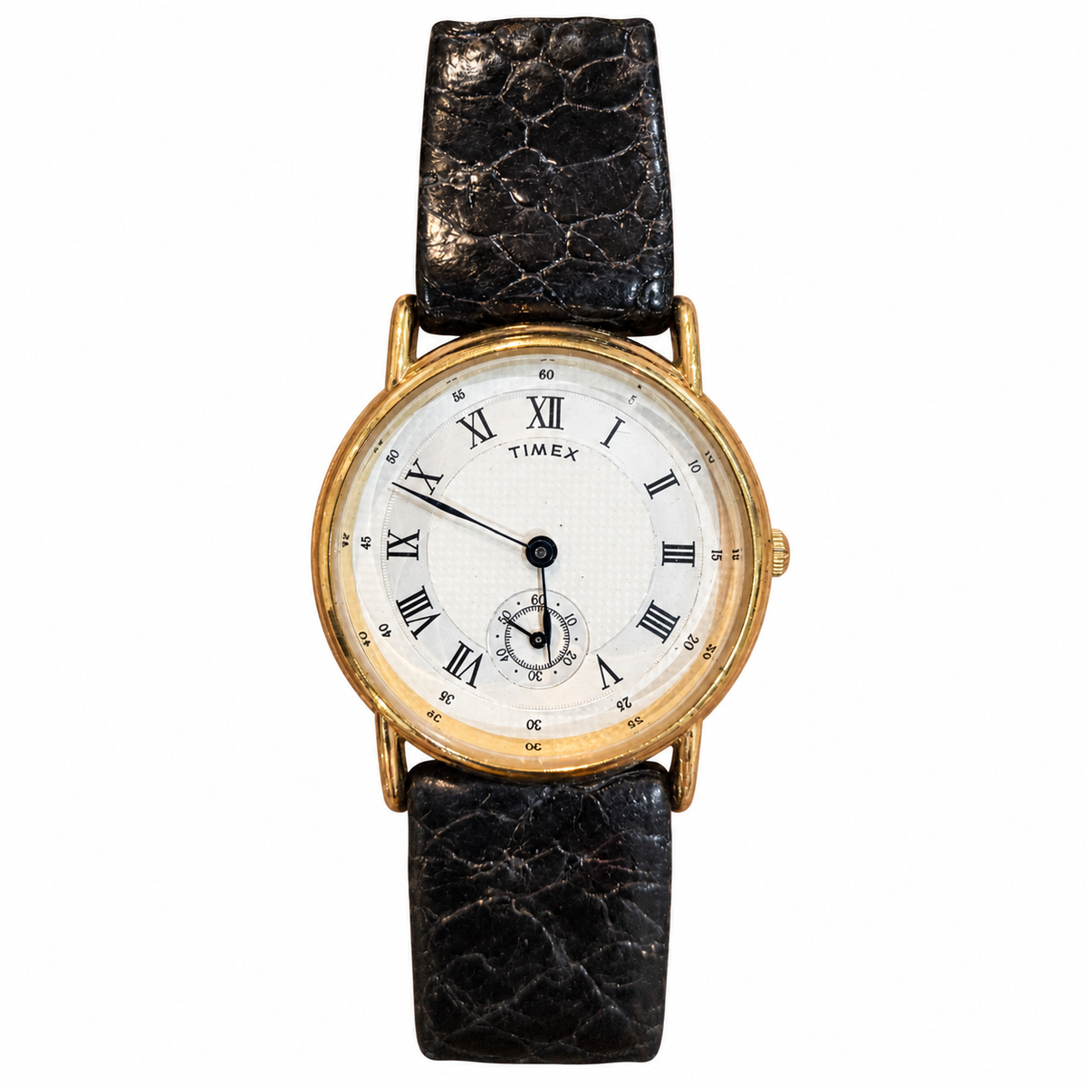 Vintage Timex Gold-Tone Roman Numeral Watch with Black Textured Strap