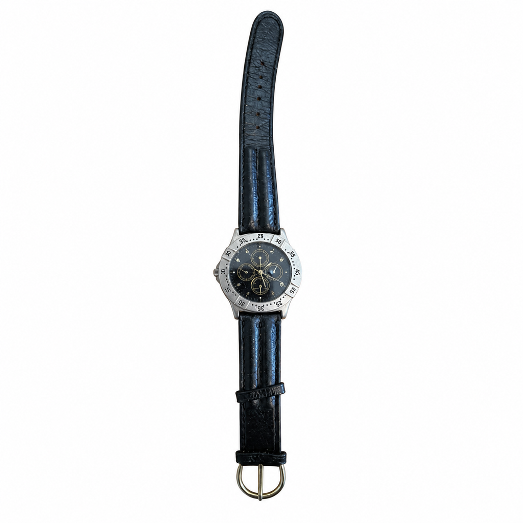 Vintage Silver-Tone Chronograph Quartz Watch with Black - Battery Required