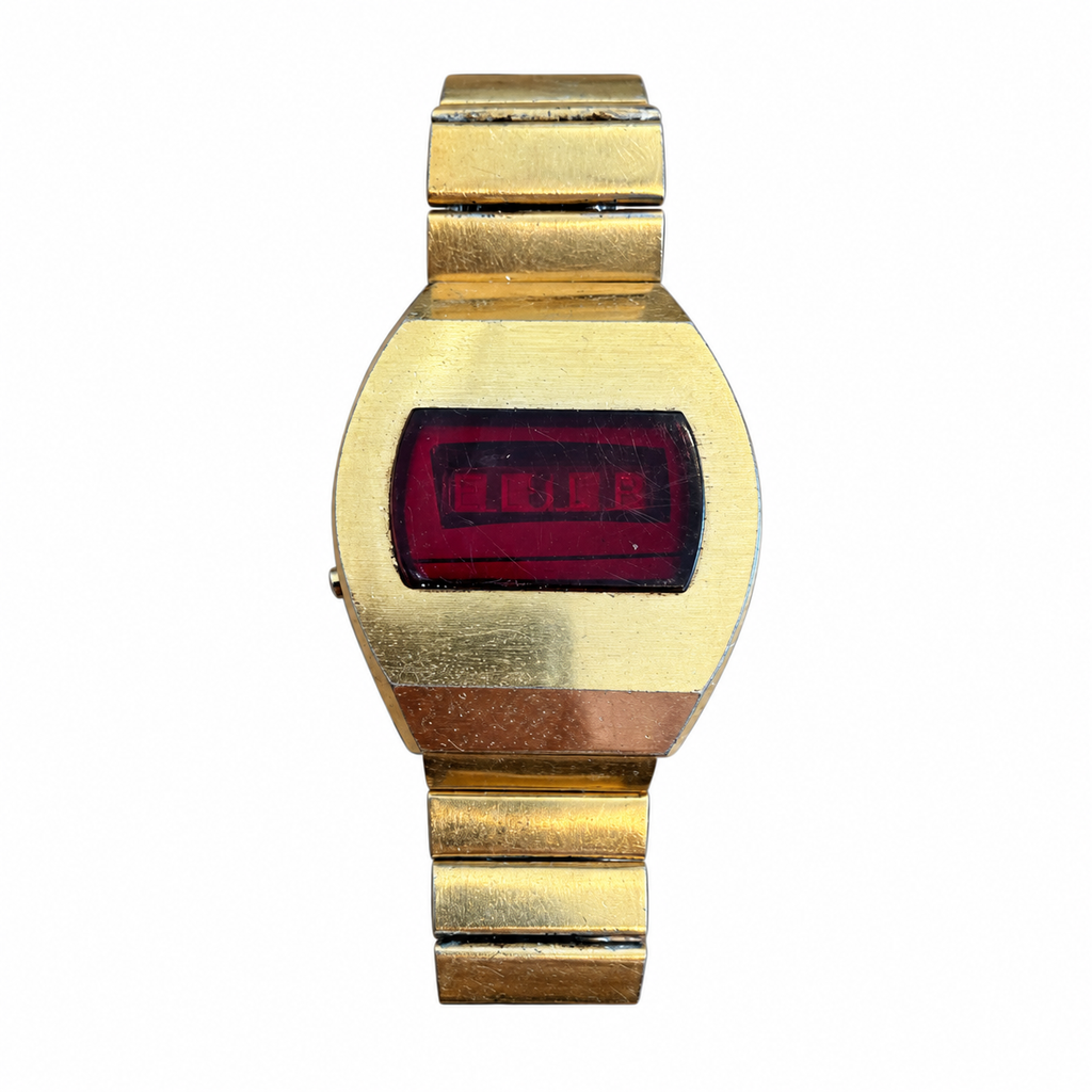 Vintage 1970s Red LED Digital Watch - Gold Tone - Battery Required