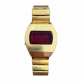 Vintage 1970s Red LED Digital Watch - Gold Tone - Battery Required