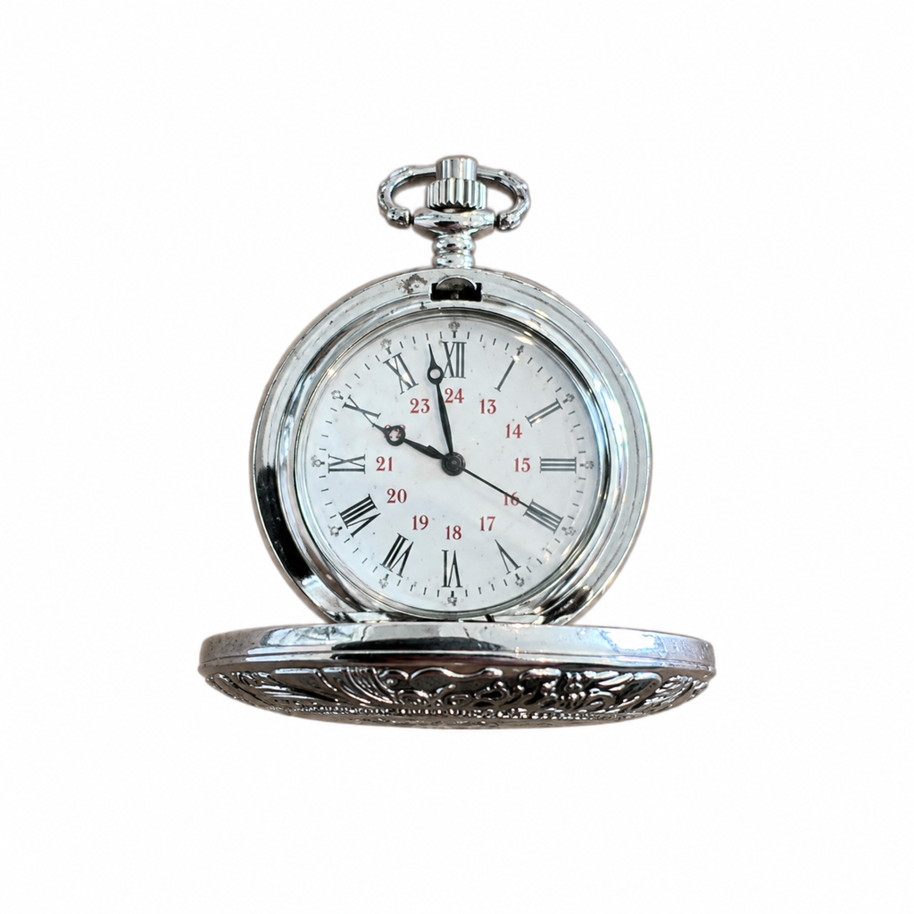 Vintage Engraved Silver-Tone Hunter Pocket Watch - Roman Numeral Dial, Requires a Battery