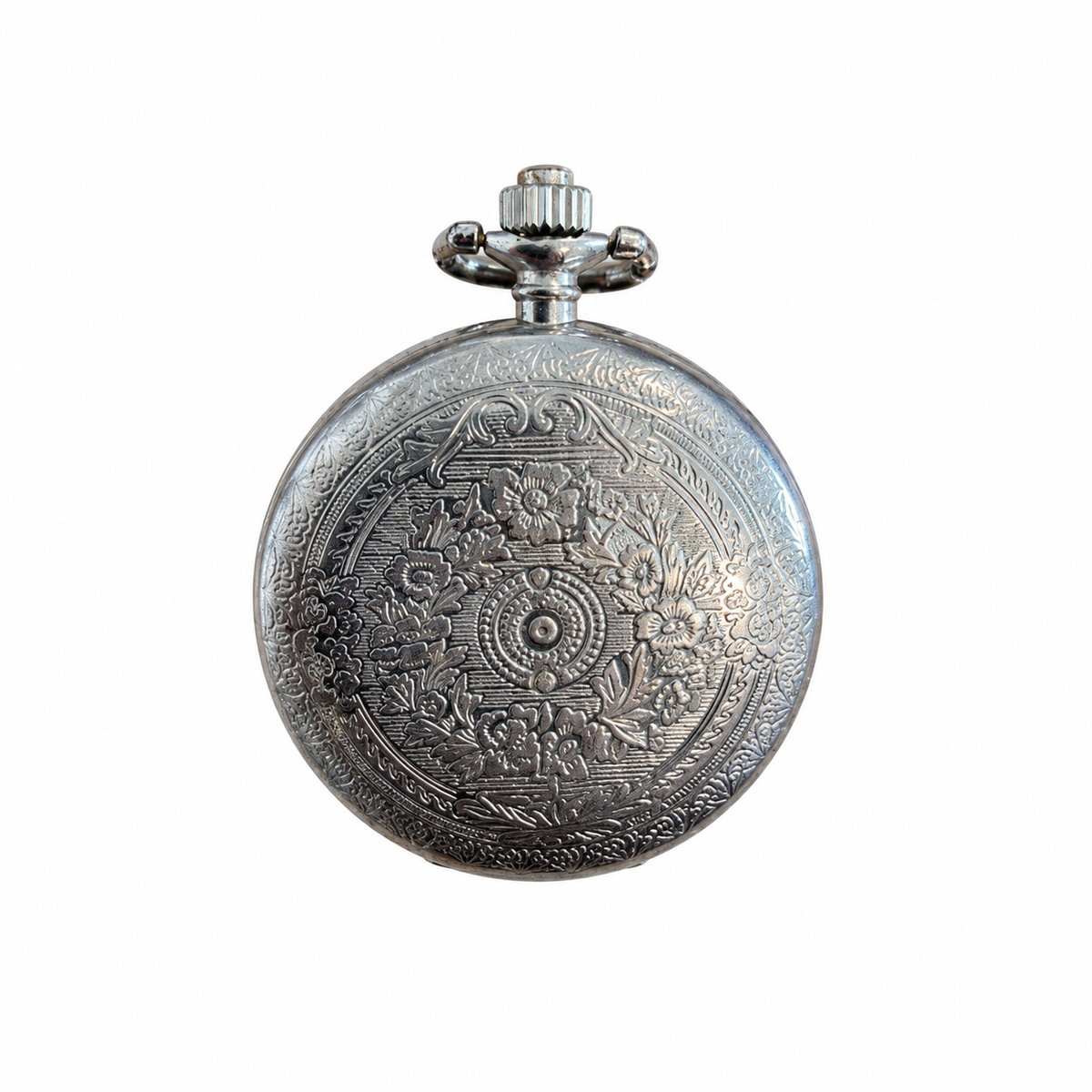 Vintage Engraved Silver-Tone Hunter Pocket Watch - Roman Numeral Dial, Requires a Battery