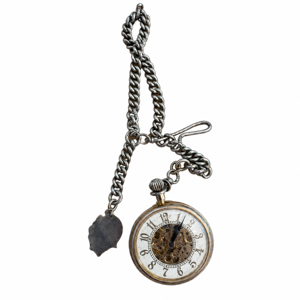 Vintage Mechanical Skeleton Gold-Tone Pocket Watch with Chain - Winding Required
