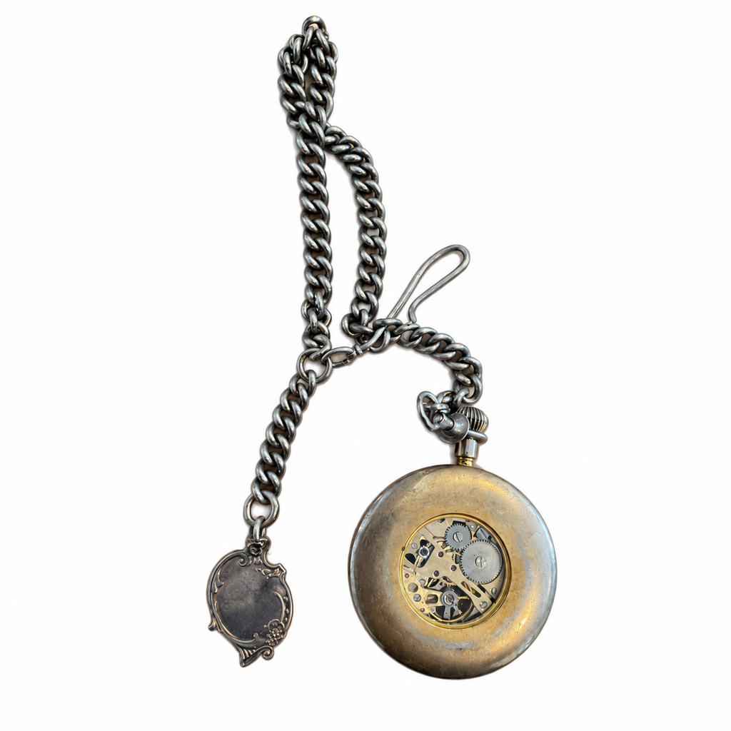 Vintage Mechanical Skeleton Gold-Tone Pocket Watch with Chain - Winding Required