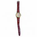 Vintage Gold-Tone Colorful Art Dial Burgundy Strap Quartz - Battery Required