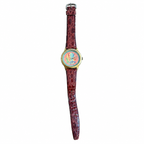 Vintage Gold-Tone Colorful Art Dial Burgundy Strap Quartz - Battery Required