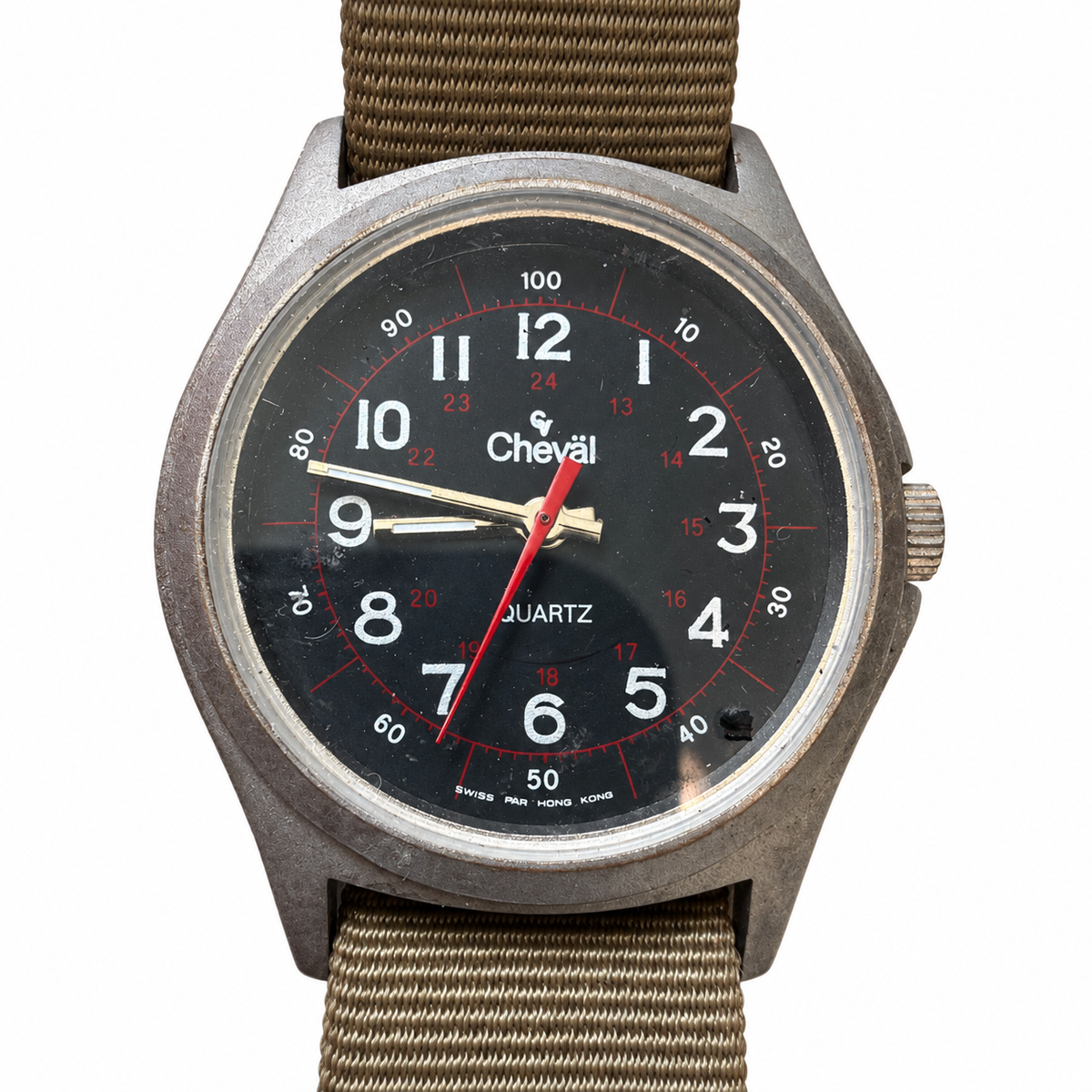 Vintage Cheval Military Field Quartz Watch with Olive Nylon Strap - Battery Required