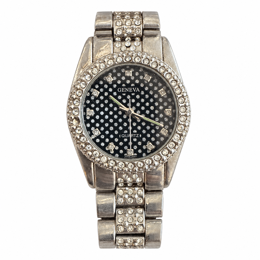 Vintage Geneva Black Pave Dial Crystal-Bezel Watch - Requires a Battery