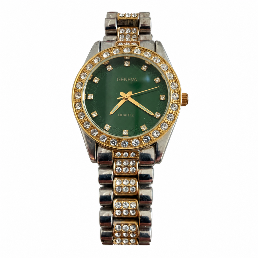 Vintage Geneva Green Dial Crystal-Accent Two-Tone Watch - Requires a Battery