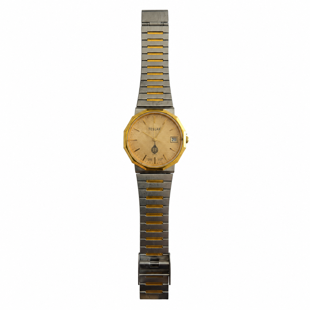Vintage TESLAR Octagonal Two-Tone Date Quartz Watch - Requires a Battery