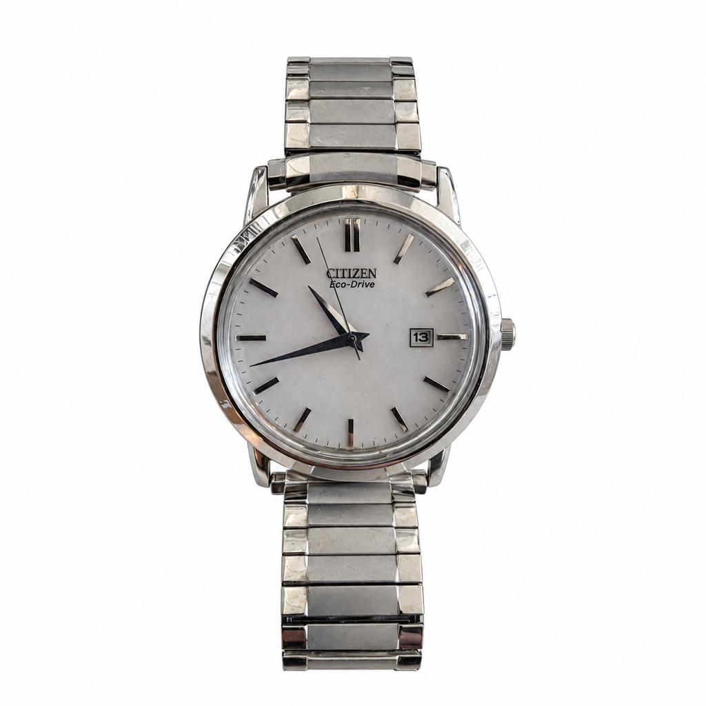 Vintage Citizen Eco-Drive White Dial Date Watch - Uses a Rechargeable Cell