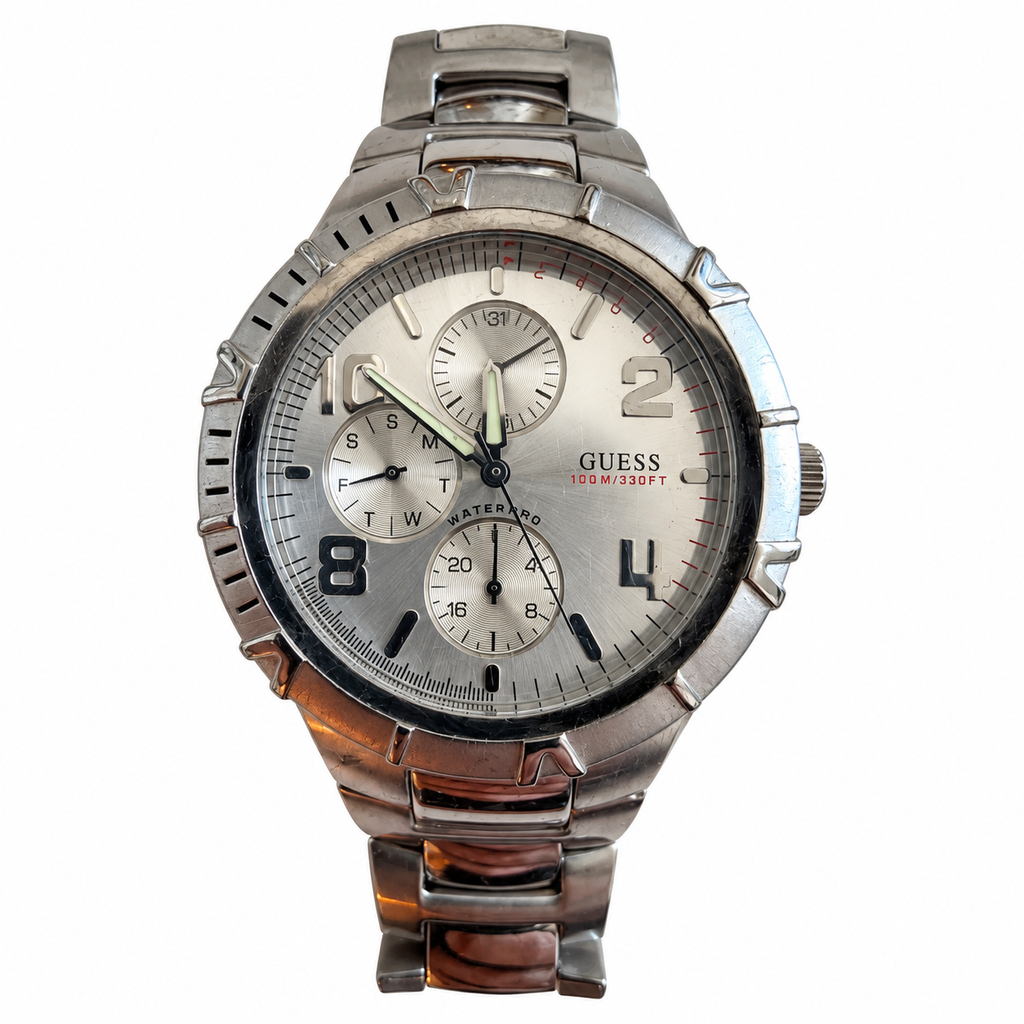 Vintage Guess 100M Silver Dial Multifunction Watch - Requires a Battery