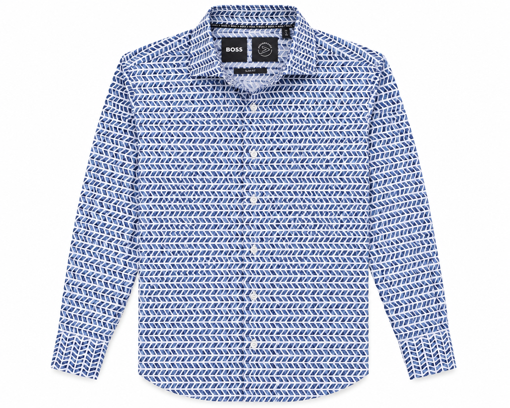 BOSS Performance Slim Fit Dress Shirt - Blue White Geometric Print