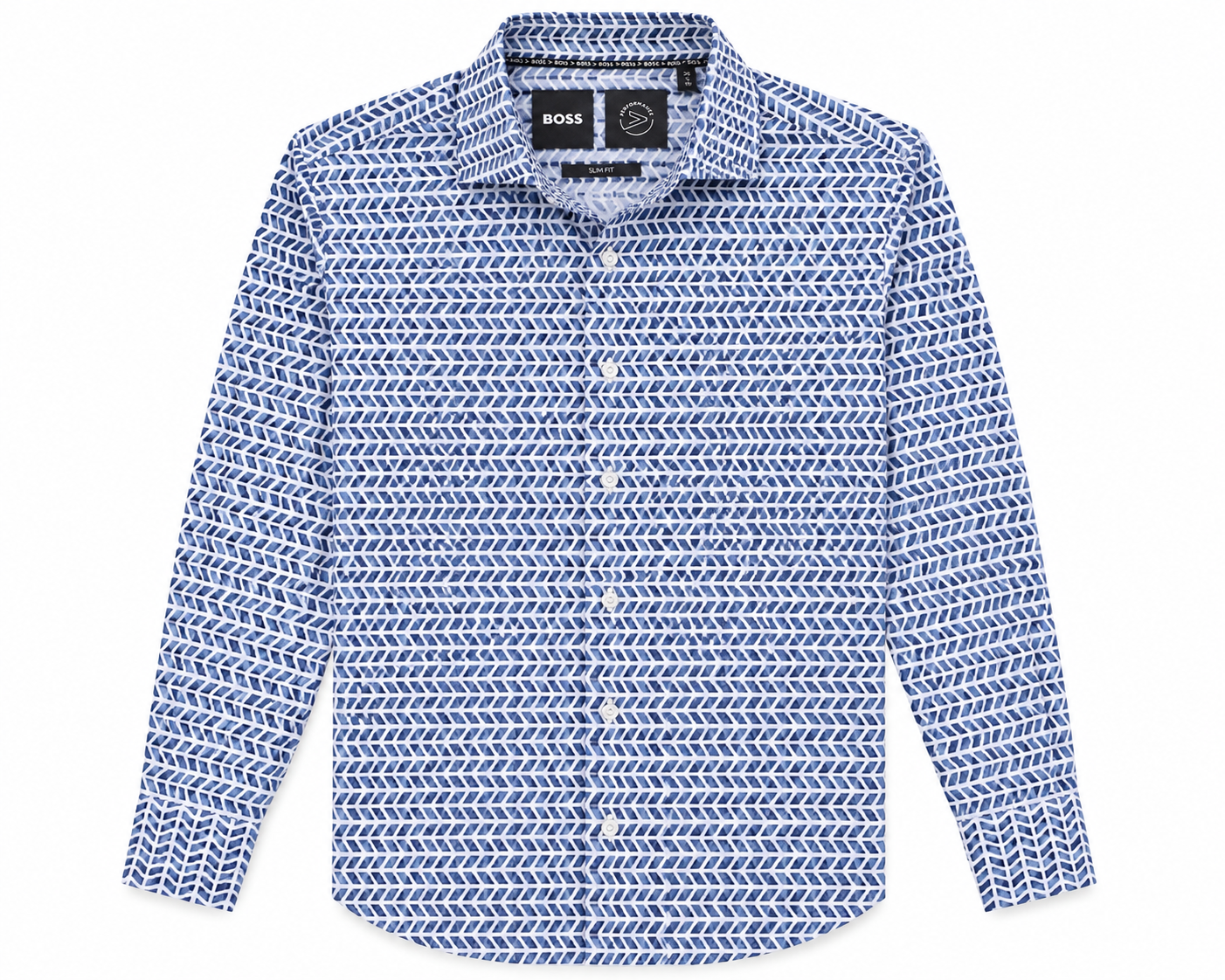 BOSS Performance Slim Fit Dress Shirt - Blue White Geometric Print