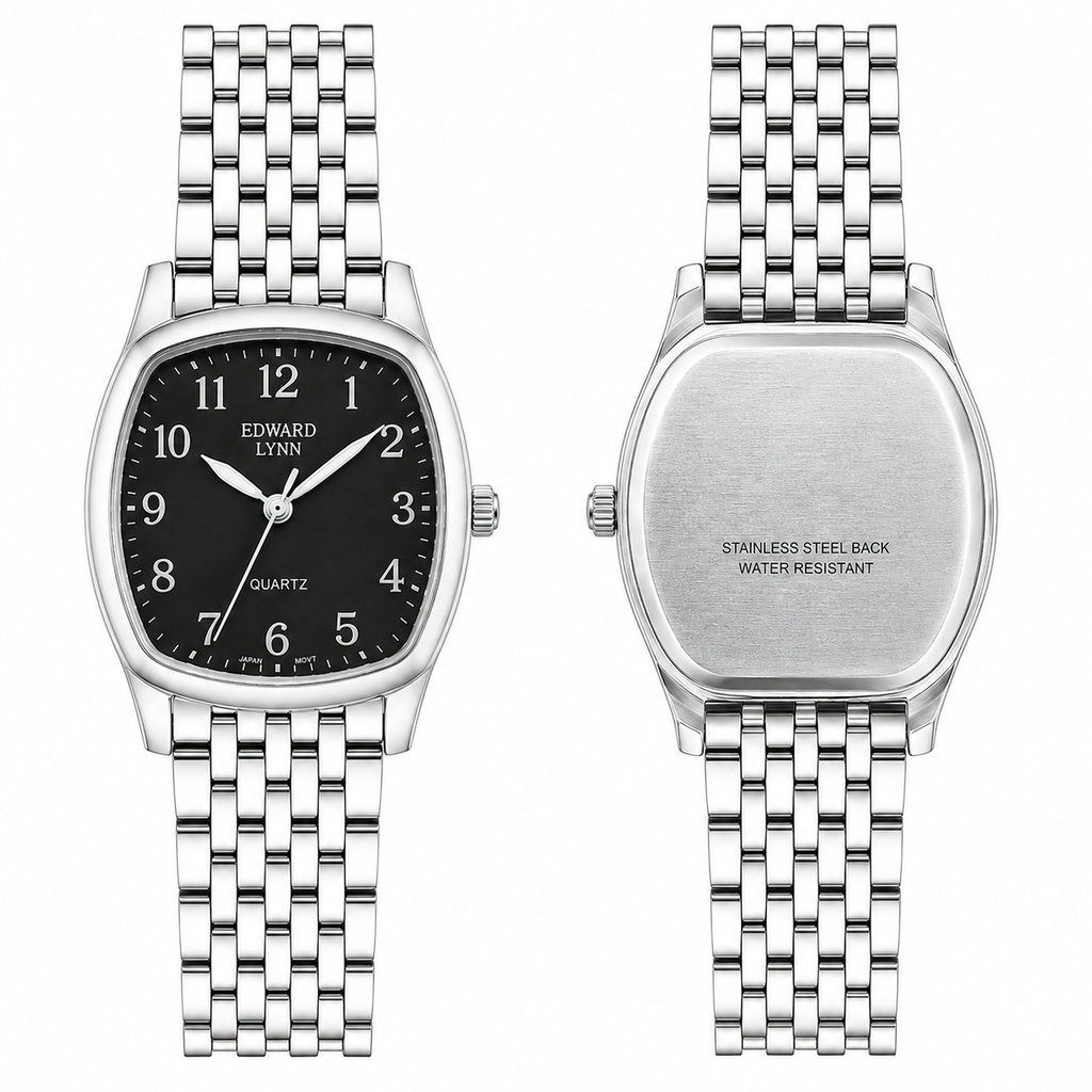 Vintage Edward Lynn Square Bracelet Watch - Silver/Black Dial - Battery Required