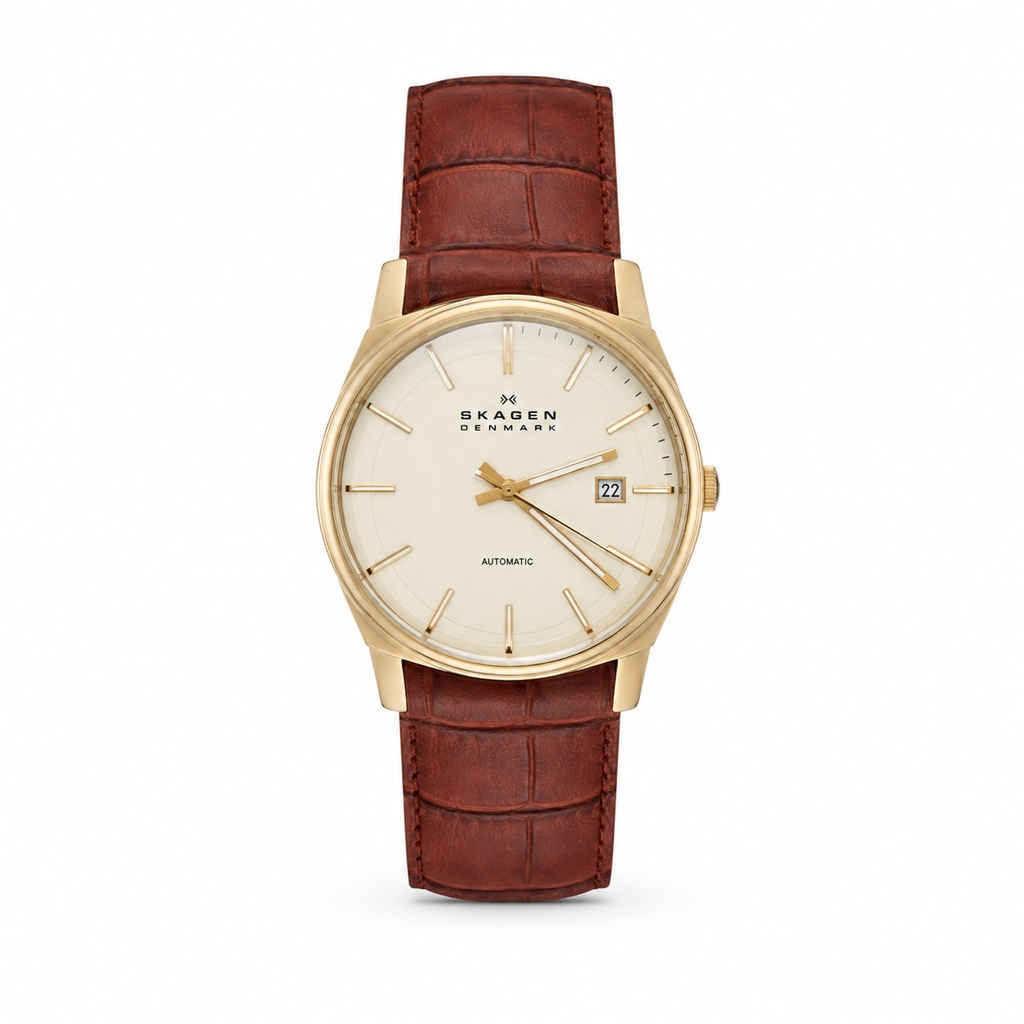 Skagen Denmark Automatic Date Watch Brown Leather Strap