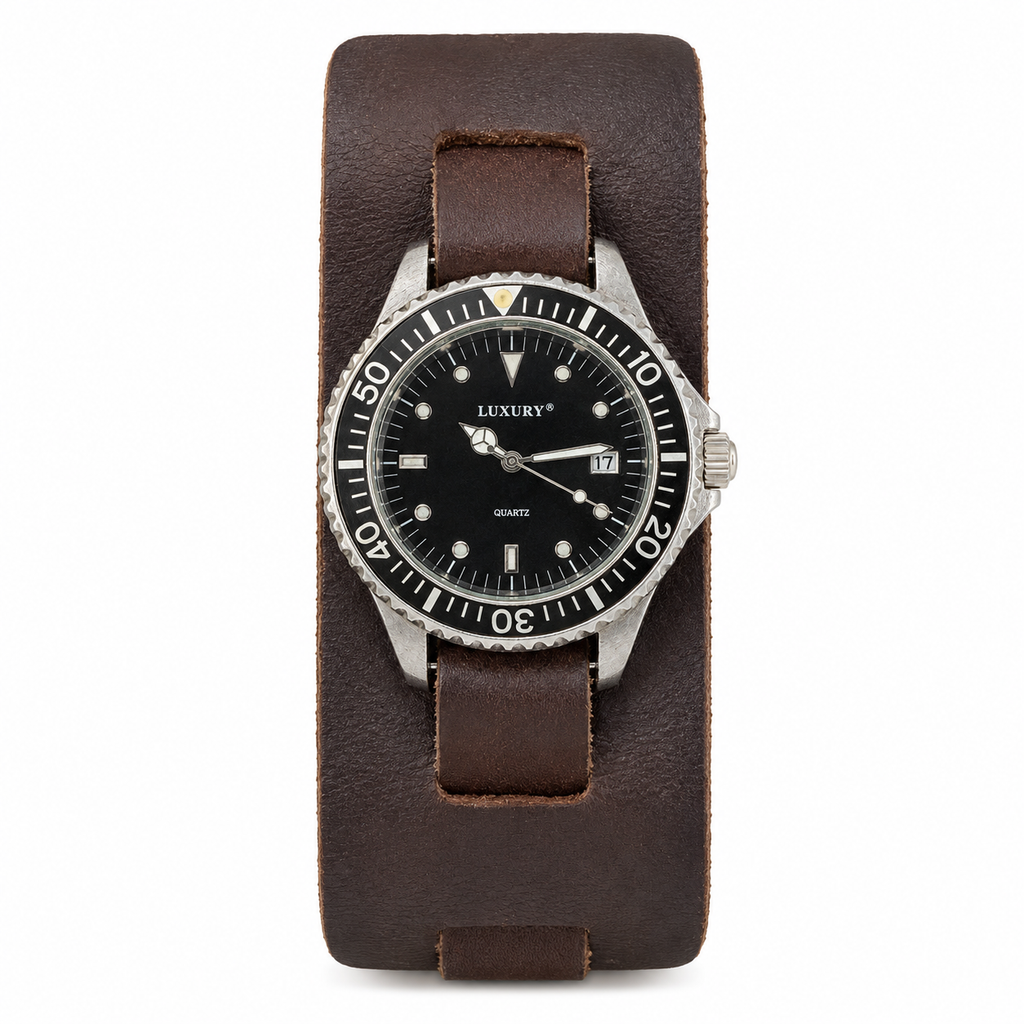Luxury Black Dial Cuff Strap Quartz Watch - Requires a Battery