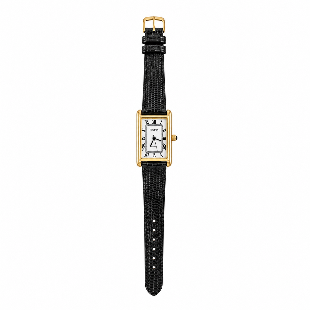 Armitron Gold-Tone Tank Roman Numeral Quartz Watch Black Strap - Requires a Battery