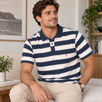 Five Four Men’s Navy & Cream Striped Polo Shirt Short Sleeve Size L