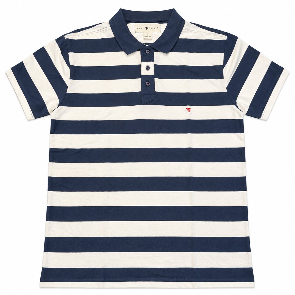 Five Four Men’s Navy & Cream Striped Polo Shirt Short Sleeve Size L
