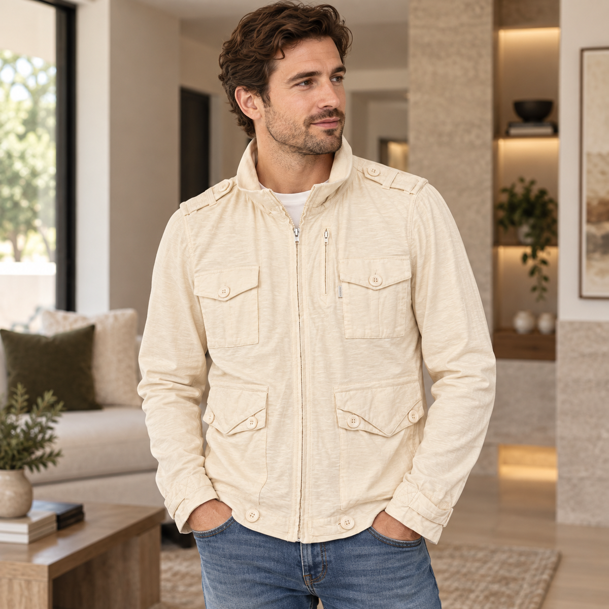 Five Four Men’s Cream Utility Field Jacket Zip Front Size M