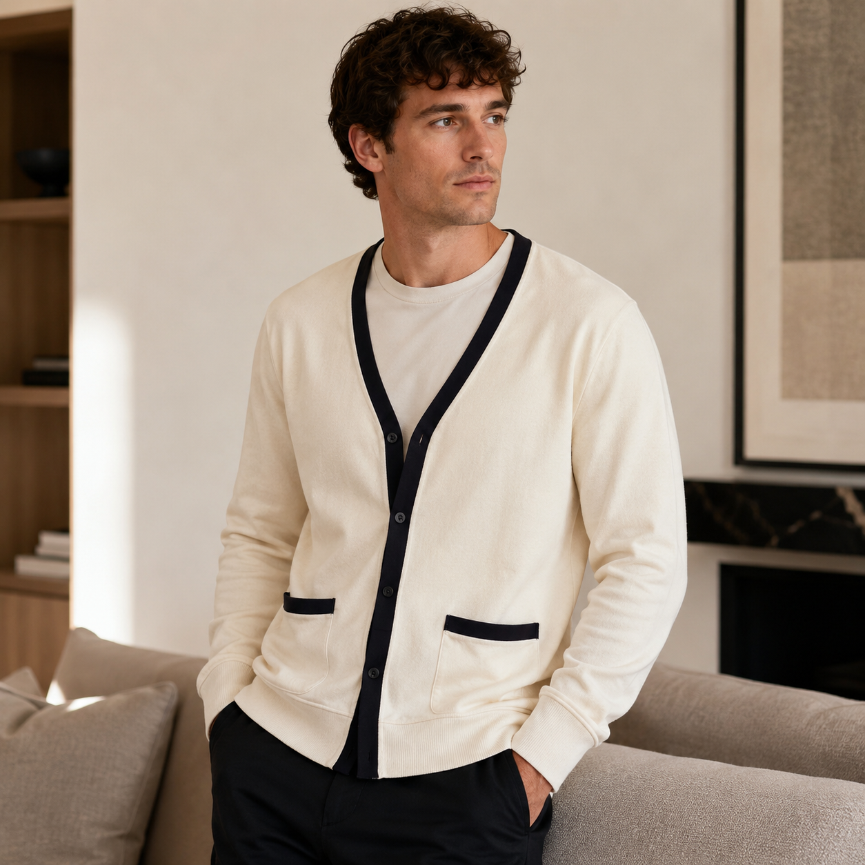Five Four Men’s Cream White Cardigan with Dark Contrast Trim Size M