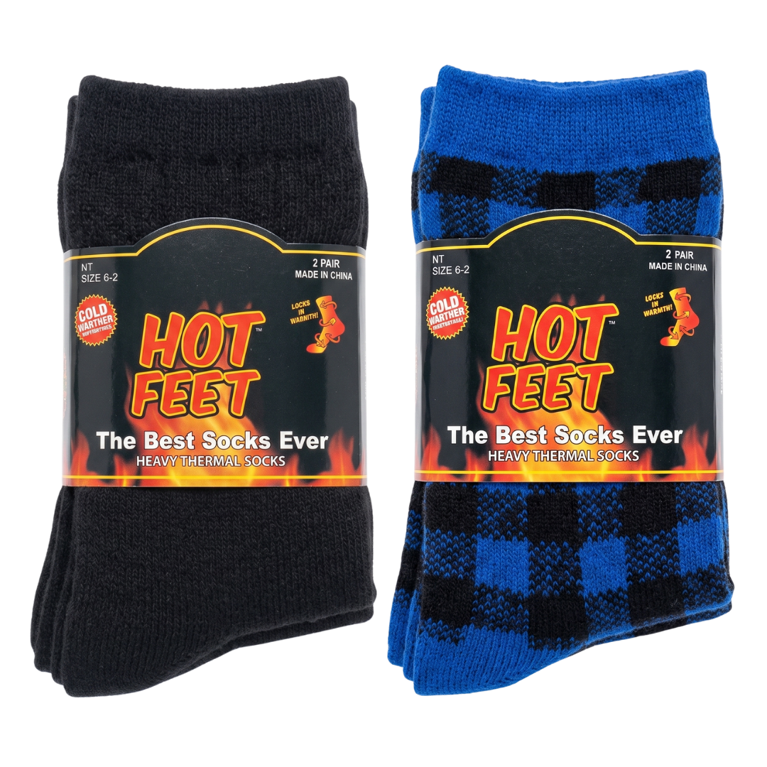 Hot Feet Kids Heavy Thermal Cold Weather Boot Socks 2-Pack - Black & Blue Plaid (Size 6-2Y)