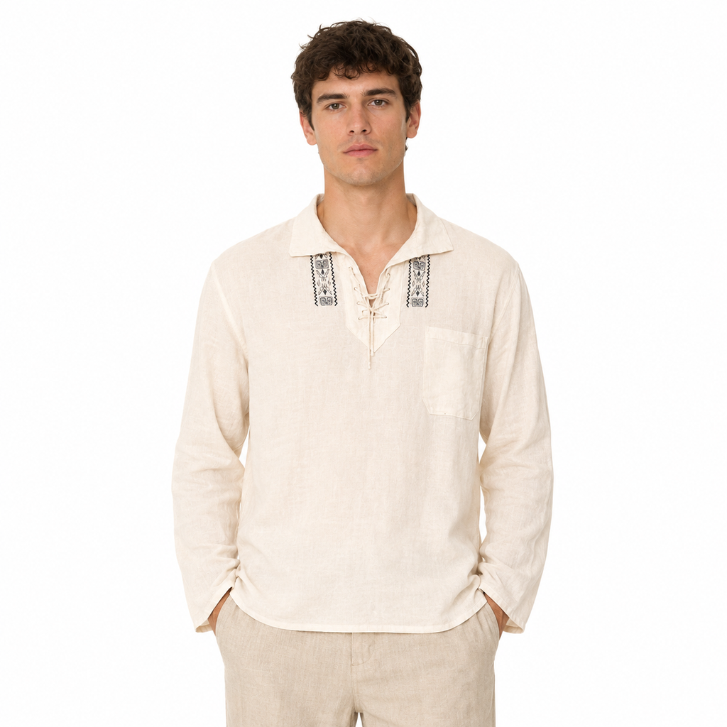 Five Four Men's Ivory Embroidered Lace-Up Long Sleeve Shirt XL