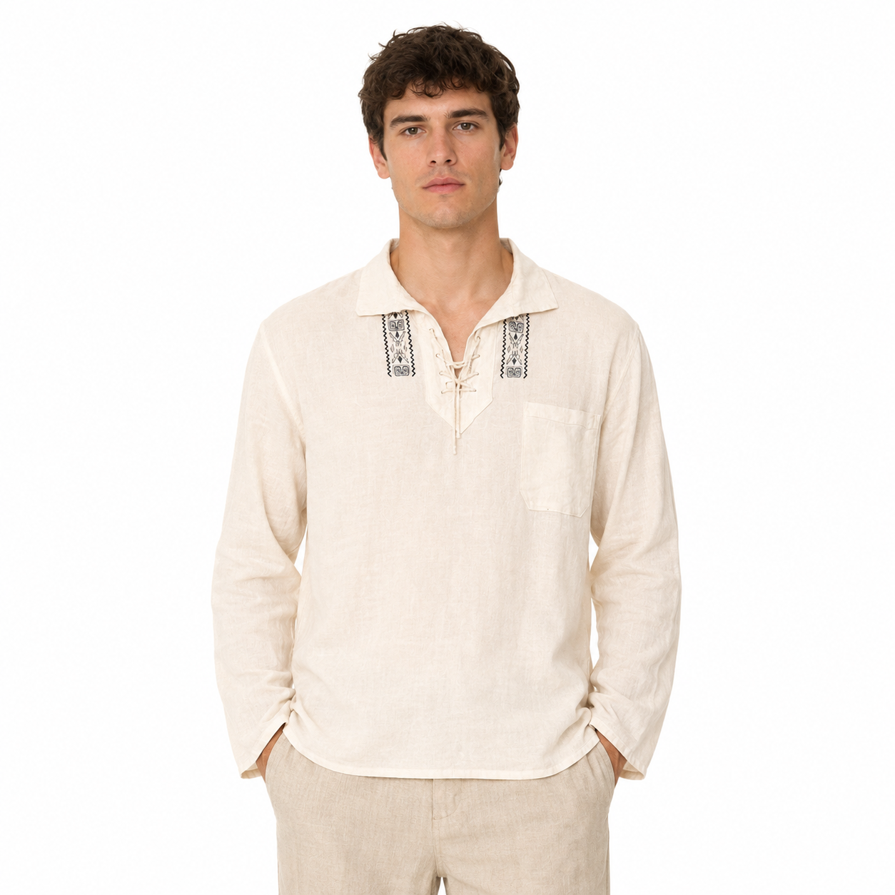 Five Four Men's Ivory Embroidered Lace-Up Long Sleeve Shirt XL