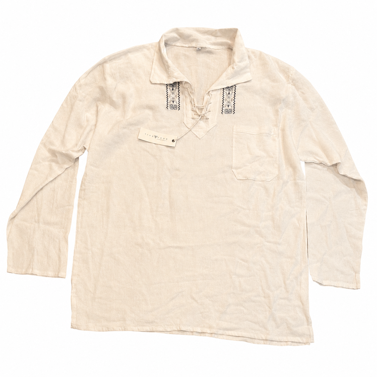 Five Four Men's Ivory Embroidered Lace-Up Long Sleeve Shirt XL