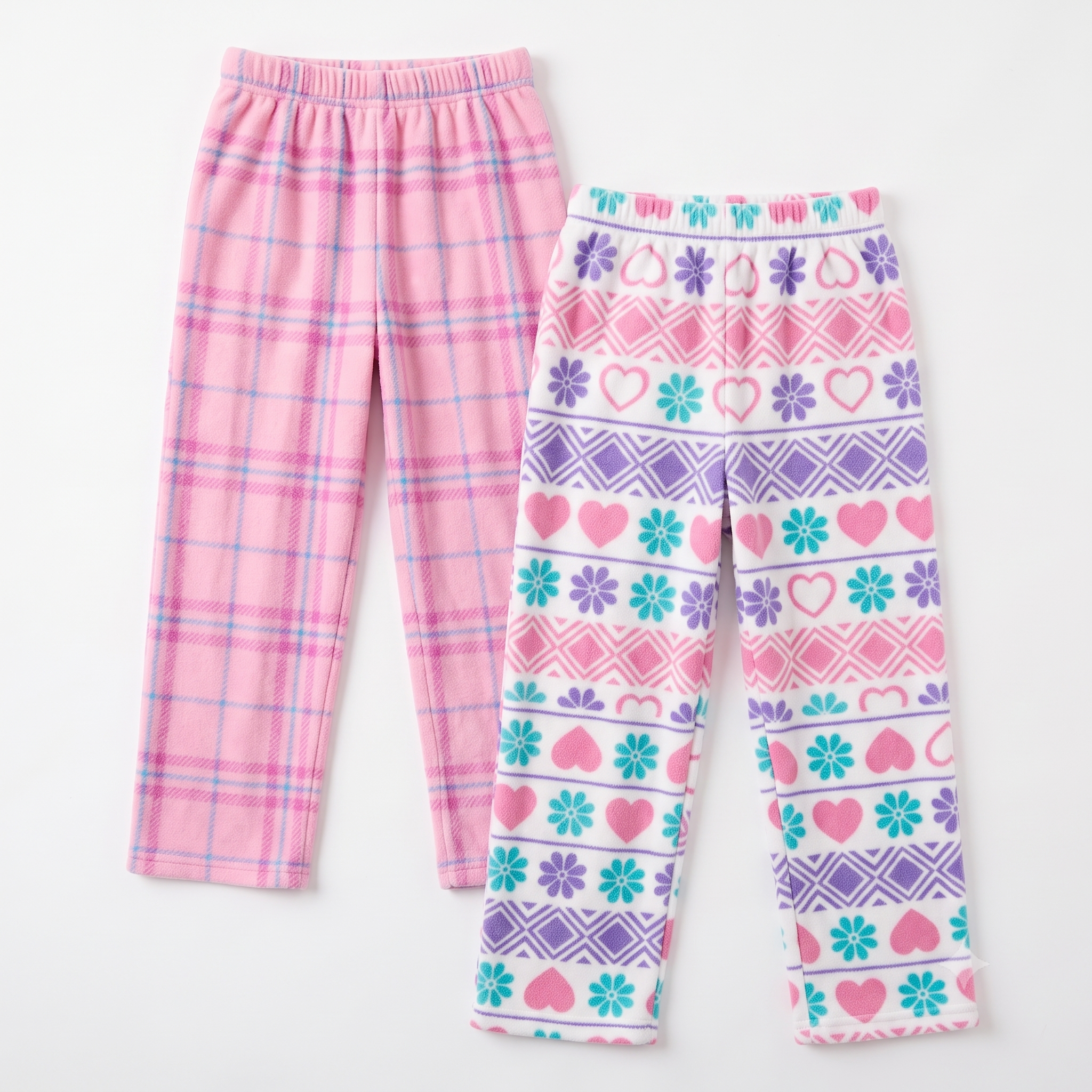 Mad Dog Girls' 2-Pack Microfleece Pajama Pants Set - Pink Hearts and Pink Plaid