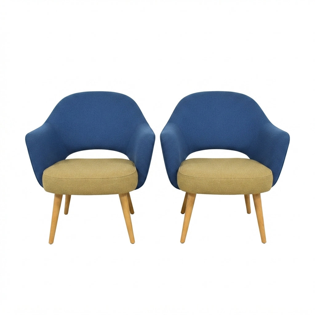 Knoll Eero Saarinen Executive Armchair Showroom Sample - Blue/tan Upholstery with Wood Legs