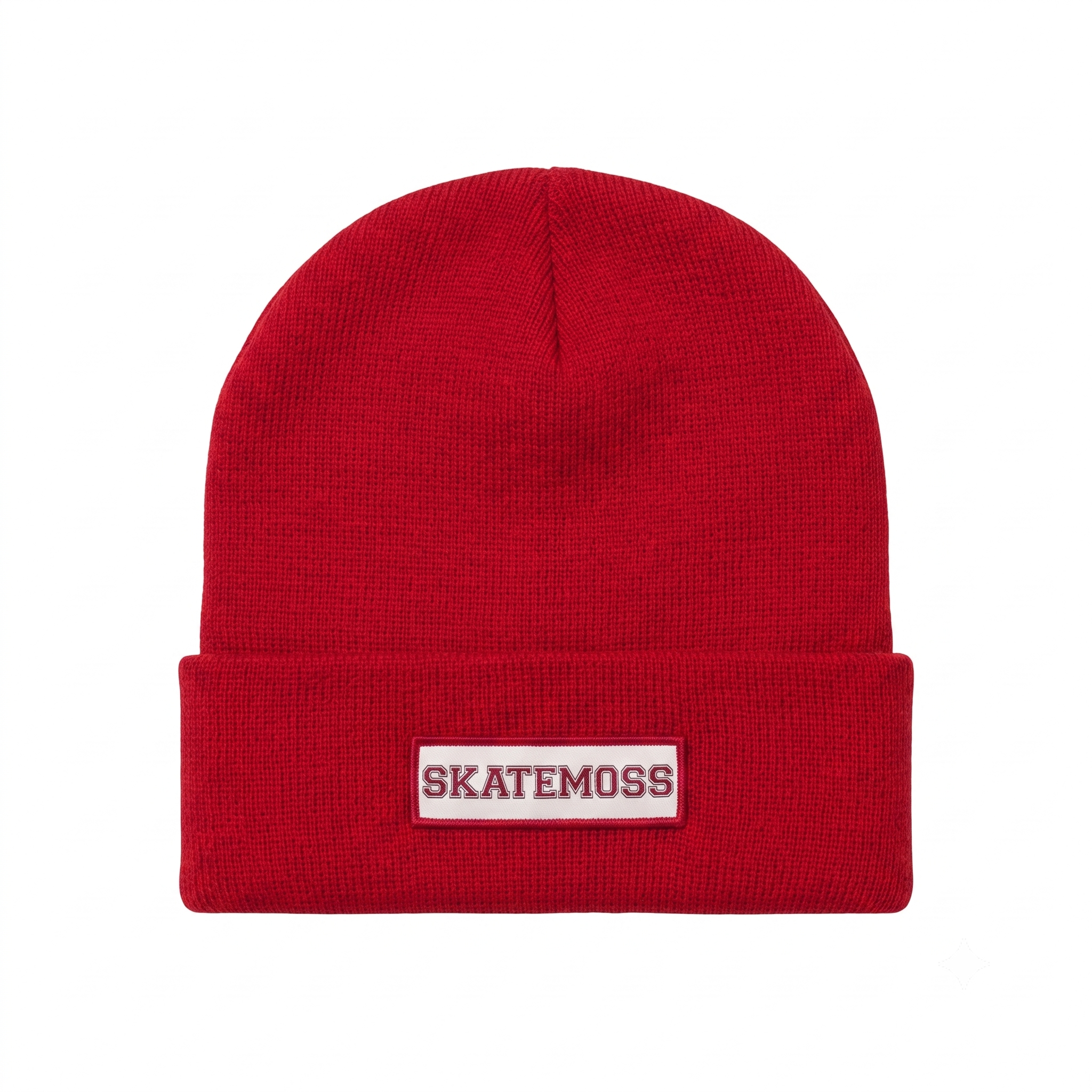 SkateMoss Signage Knit Beanie – Varsity Red Cuffed Winter Cap with Matching Logo Patch