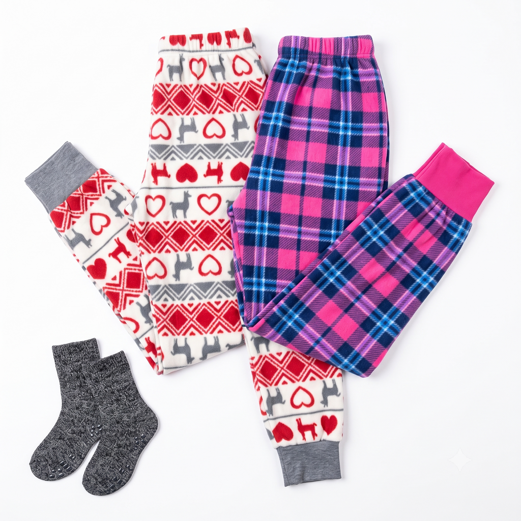 Mad Dog Girls' Micro Fleece Jogger Pajama Pants 2-Pack with Slipper Socks - Llama Fair Isle & Pink Plaid