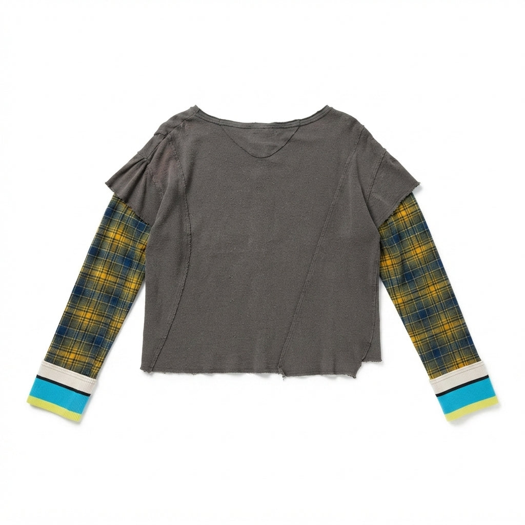 We The Free Grey Top with Plaid Sleeves and 68 Graphic (XS)