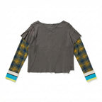 We The Free Grey Top with Plaid Sleeves and 68 Graphic (XS)