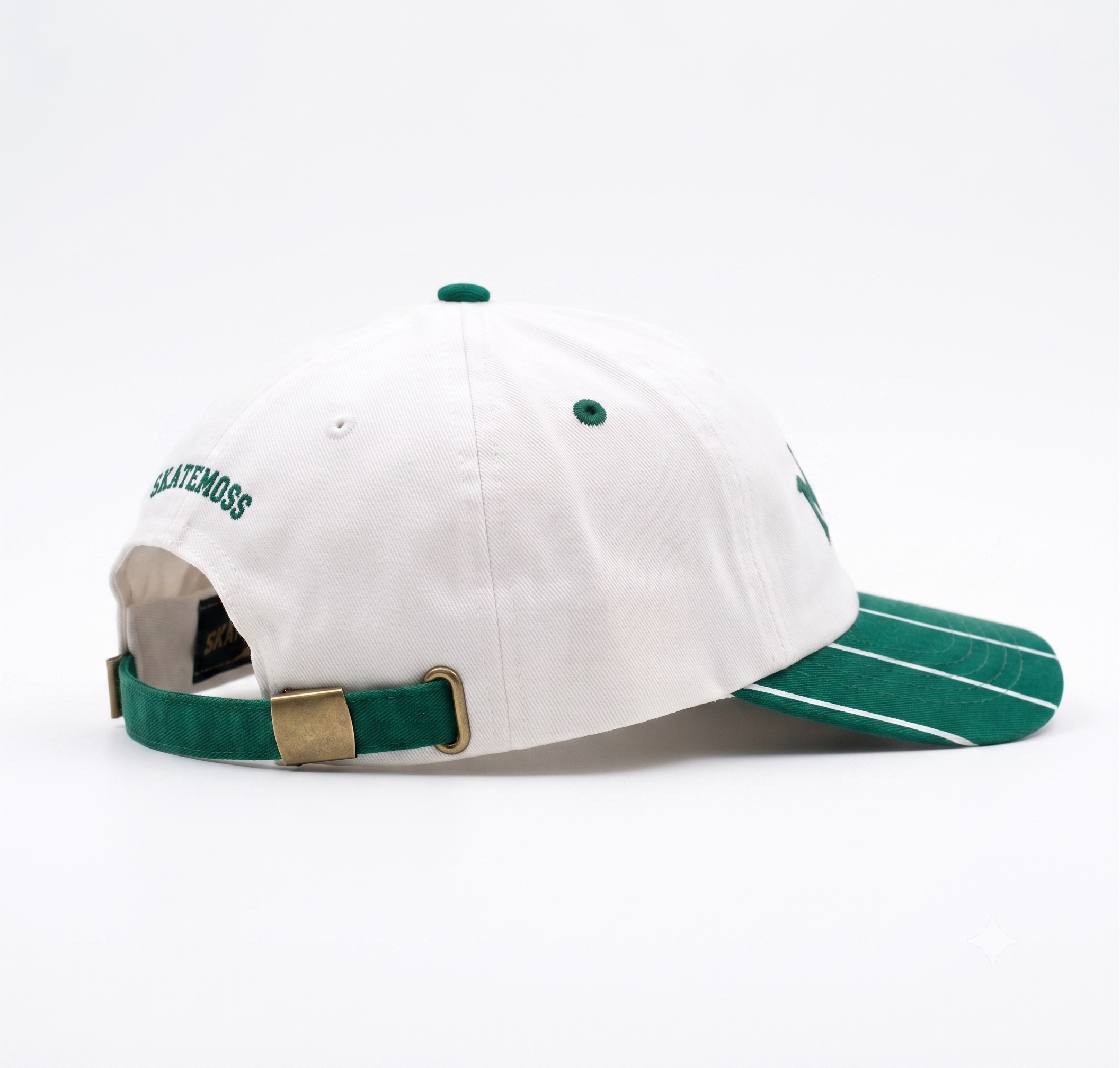 SkateMoss Varsity Pinstripe Dad Hat – Crisp White Cotton Cap with Forest Green Striped Brim