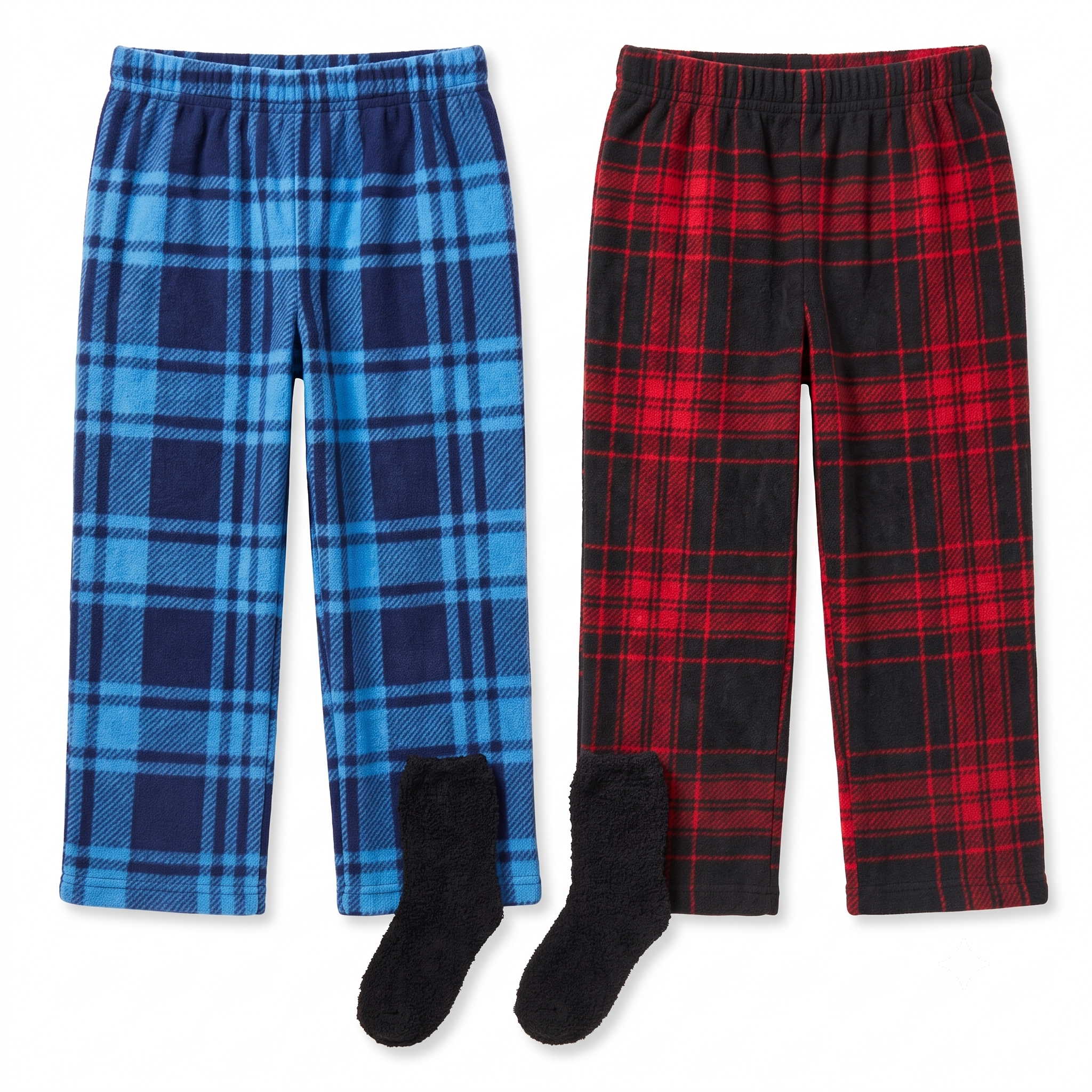 Boys' Red/Black Plaid & Blue Plaid Fleece Pants with Socks (2-Piece Set)
