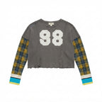 We The Free Grey Top with Plaid Sleeves and 68 Graphic (XS)