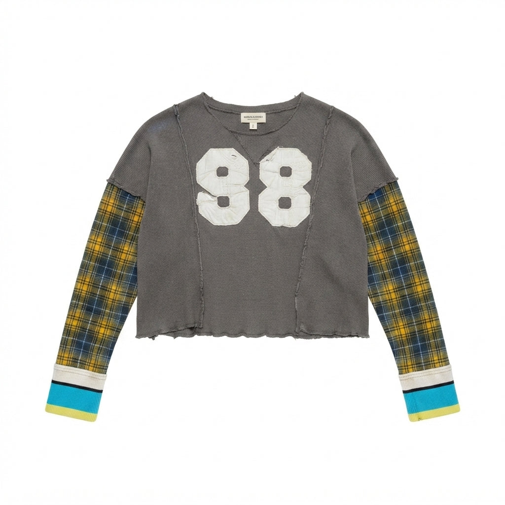 We The Free Grey Top with Plaid Sleeves and 68 Graphic (XS)