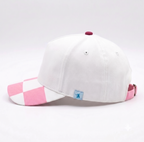 SkateMoss Pastel Color-Block Dad Hat – Crisp White Cotton Cap with Pink Checkered Brim