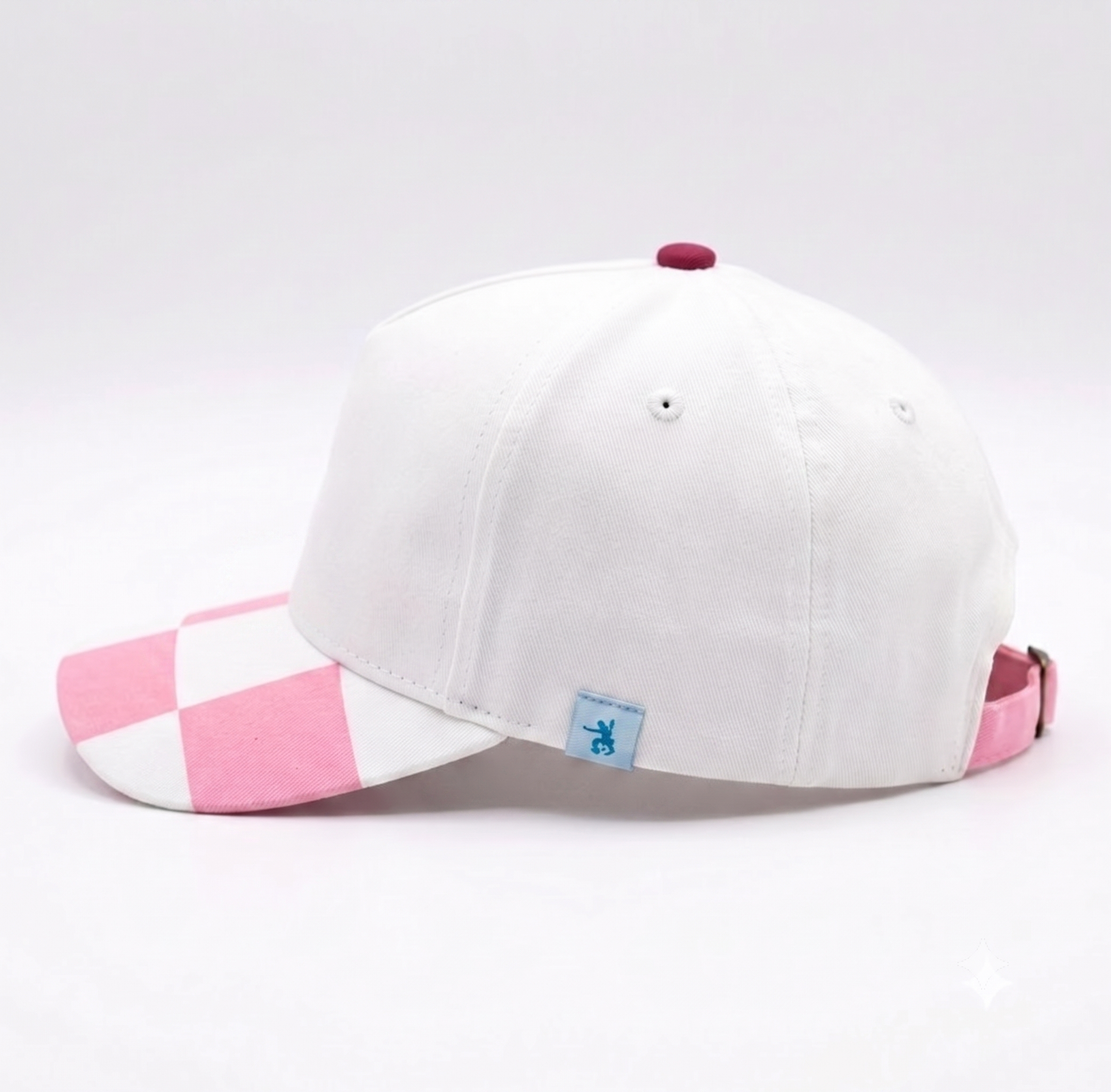 SkateMoss Pastel Color-Block Dad Hat – Crisp White Cotton Cap with Pink Checkered Brim