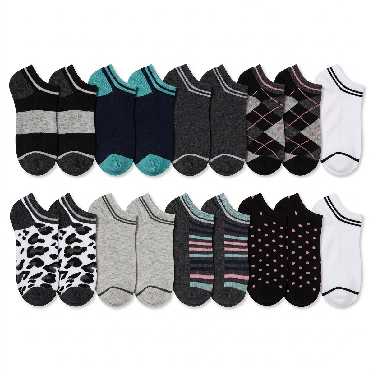 HOT FEET Women's No-Show Socks 18-Pack – Assorted Leopard, Argyle, Stripes, Polka Dots & Solids Low-Cut Socks (Size 4-10)