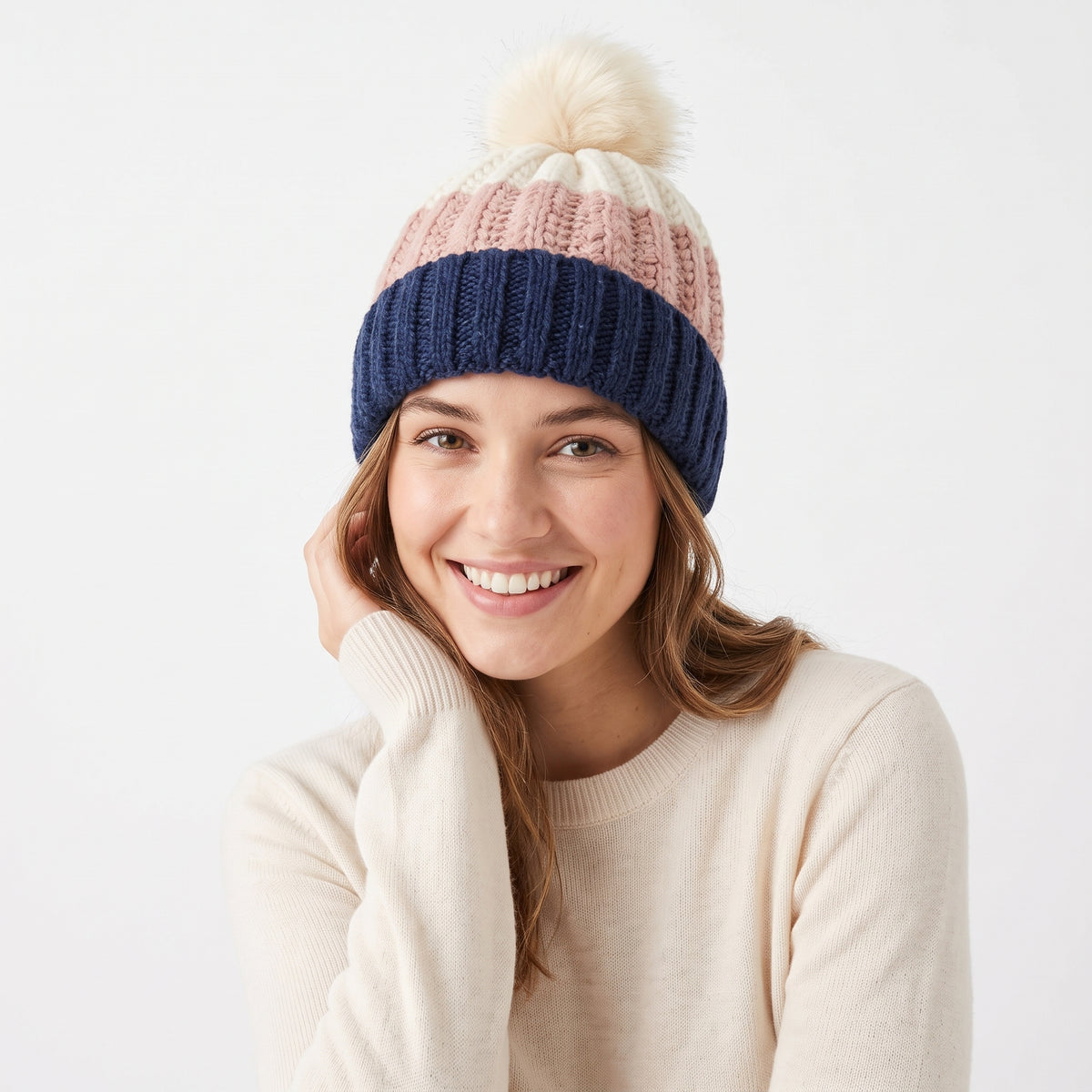 San Diego Hat Company Women's Colorblock Knit Beanie with Faux Fur Pom – Multi, One Size