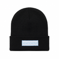 SkateMoss Essential Knit Beanie – Matte Black Cuffed Winter Cap with Light Blue Logo Patch