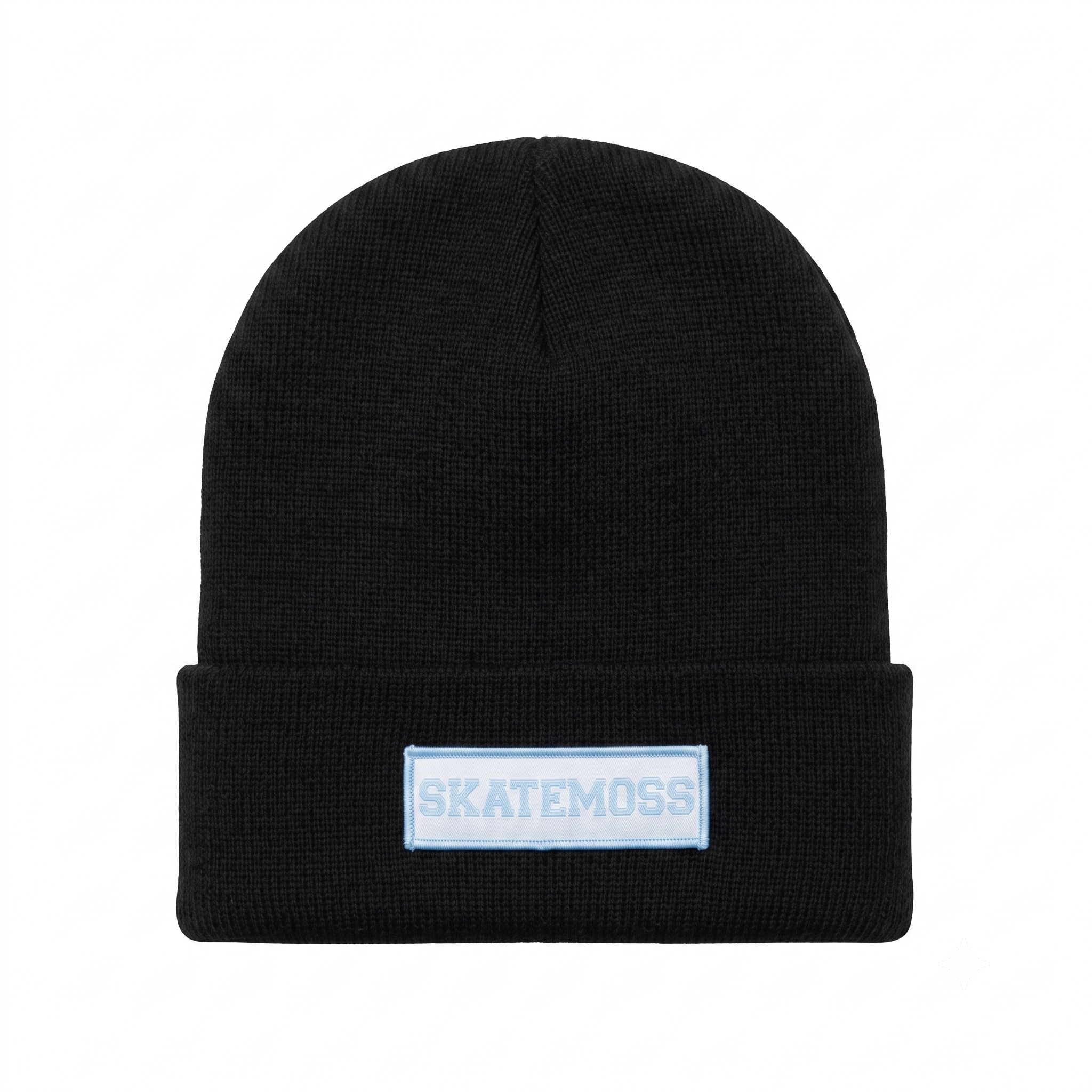 SkateMoss Essential Knit Beanie – Matte Black Cuffed Winter Cap with Light Blue Logo Patch