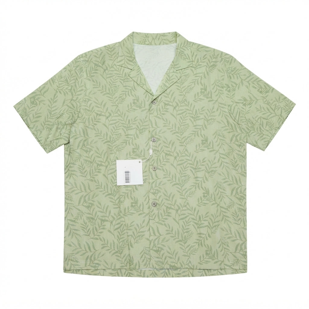 8 By Yoox Green Botanical Leaf Print Short Sleeve Camp Collar Shirt (Size: 31x38)