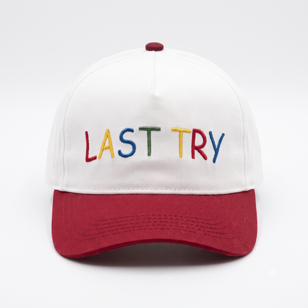 SkateMoss "LAST TRY" Retro Two-Tone Dad Hat – White & Burgundy Cotton Cap with Multi-Color Embroidery